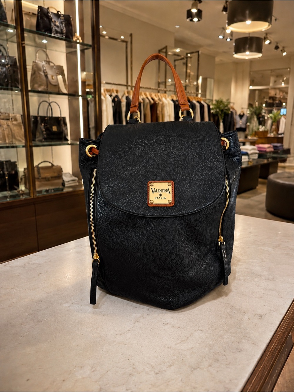 Valentina Black Backpack with Tan Handles and Gold Hardware